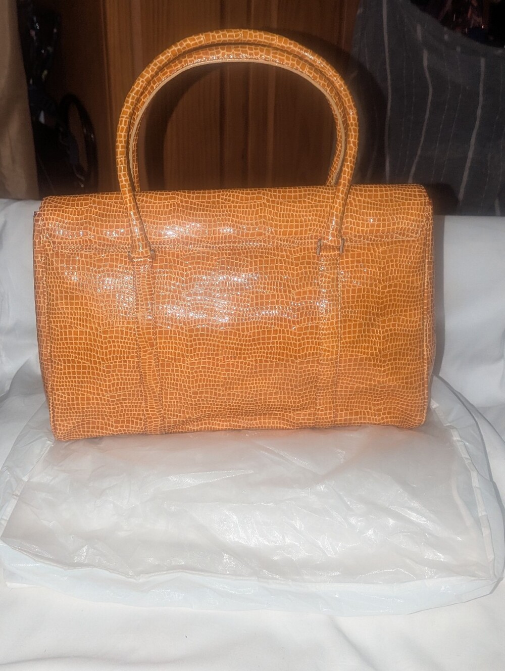 BCBGMaxAzria Amber Patent Lizard Embossed Italian Leather Satchel.NWT - Picture 2 of 14